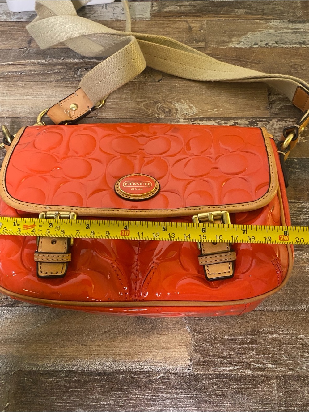 Coach Orange Patent Leather Signature Crossbody with Tan Trim - Picture 11 of 13